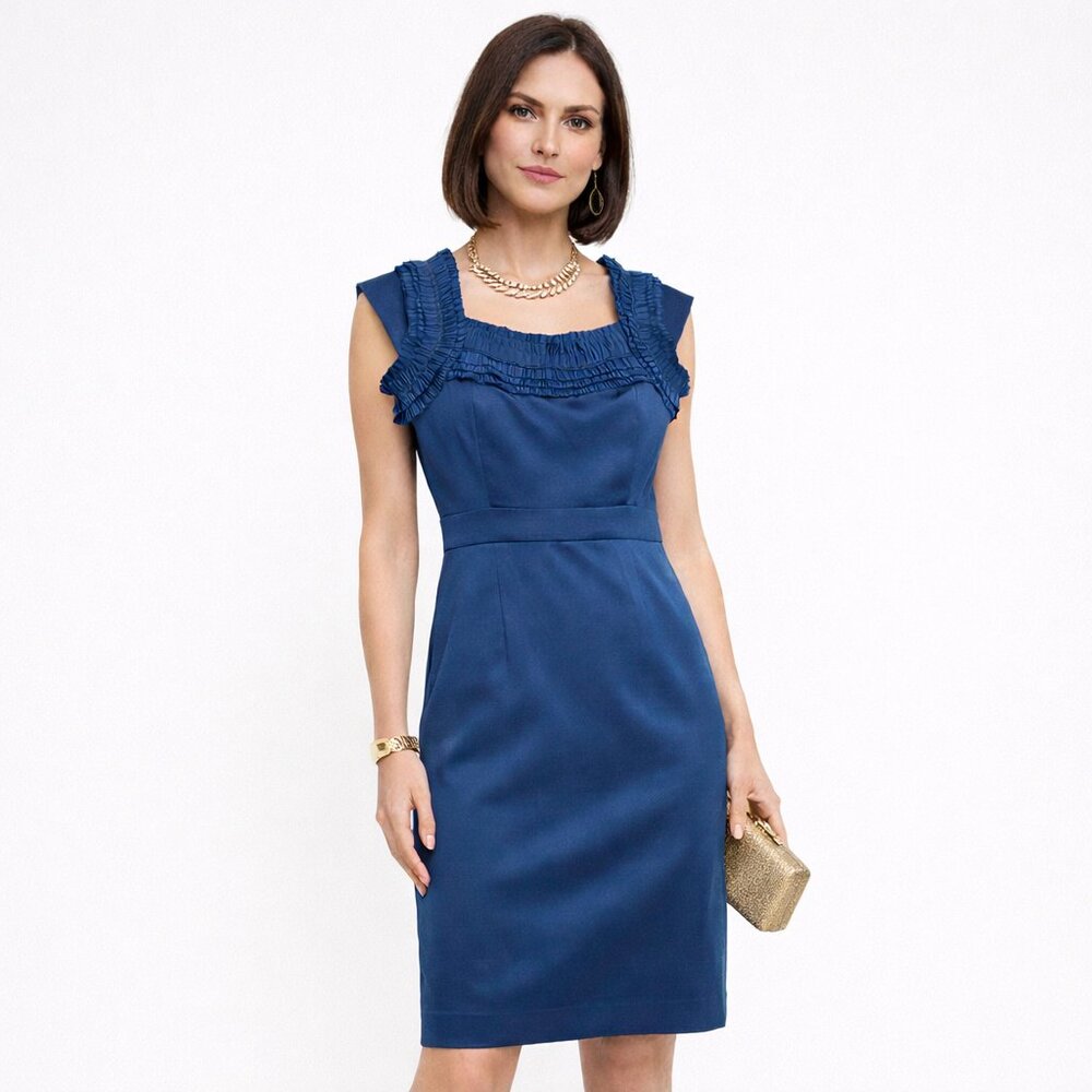Reiss Lou Pleated Shoulder Dress US Sz 2 Royal Blue Classic Timeless Ruffle Knee